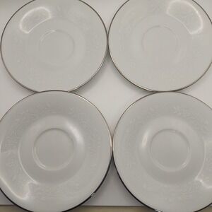Noritake Reina 6450 Saucers Set of 4 Floral Embossed Platinum Trim‎